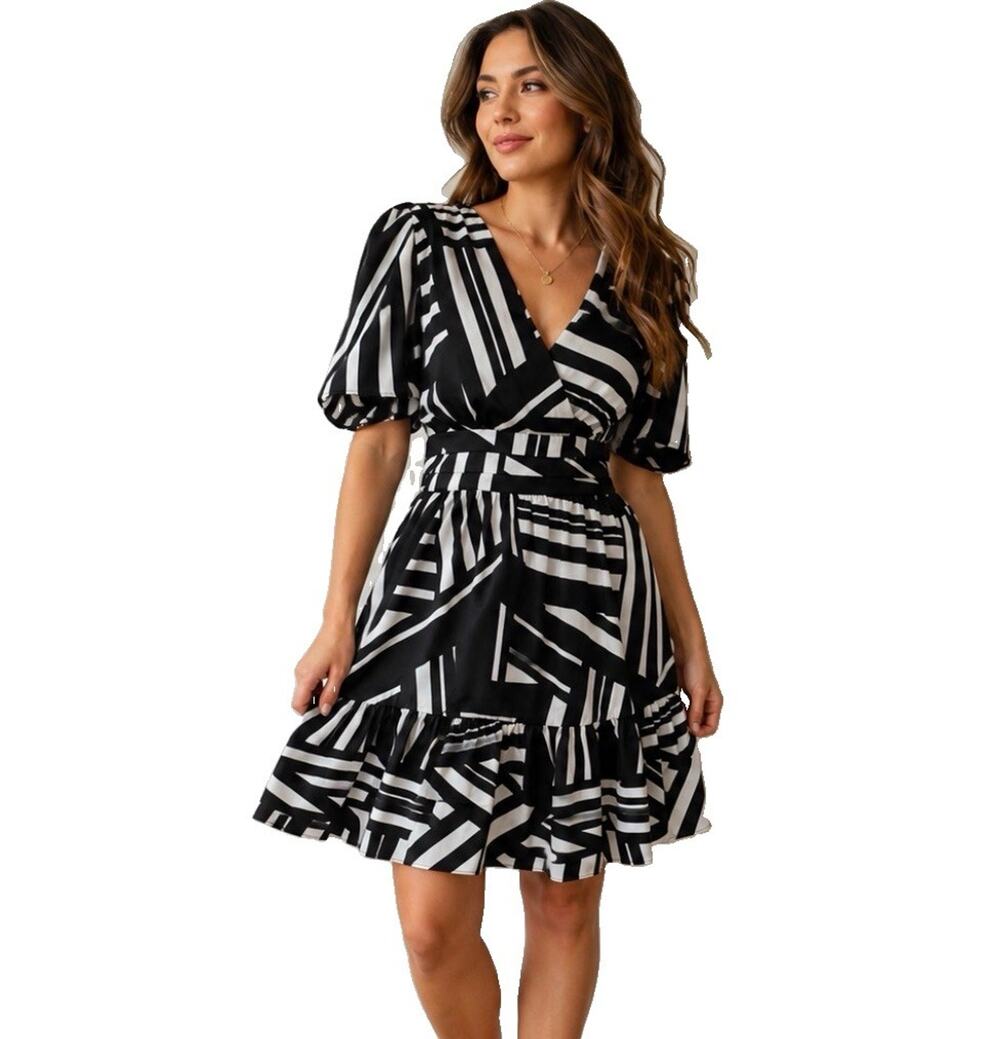 Karl Lagerfeld Paris Black White Abstract Print Faux Wrap Dress Women’s Size 6